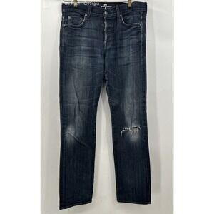 7 For All Mankind Straight Leg Distressed Jeans Men's 33 Blue Dark Wash